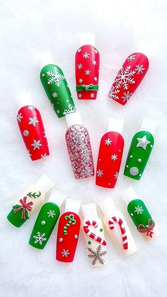 Festive Christmas nail art with red and green designs, snowflakes, and glitter.
